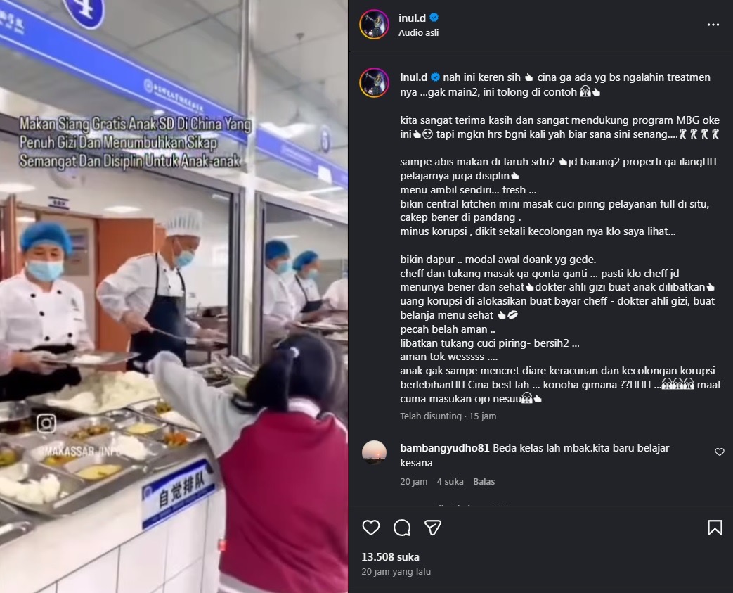 Makan bergizi gratis di sekolah China. Instagram @inul.d